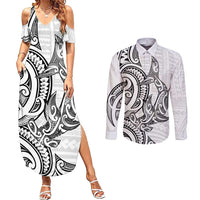 New Zealand Hammerhead Shark Couples Matching Summer Maxi Dress and Long Sleeve Button Shirt Maori Haehae Mangopare White - Polynesian Pride