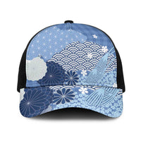 Blue Japanese Traditional Motifs Baseball Net Cap Palaka With Asanoha Seigaiha Sakura LT14 One Size Black Blue - Polynesian Pride