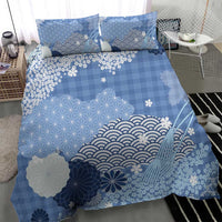 Blue Palaka Japanese Patterns Bedding Set Asanoha Seigaiha Sakura Motif - Polynesian Pride