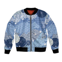 Blue Palaka Japanese Patterns Bomber Jacket Asanoha Seigaiha Sakura Motif - Polynesian Pride