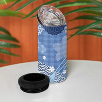 Blue Palaka Japanese Patterns 4 in 1 Can Cooler Tumbler Asanoha Seigaiha Sakura Motif - Polynesian Pride