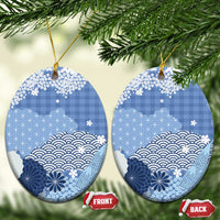 Blue Palaka Japanese Patterns Ceramic Ornament Asanoha Seigaiha Sakura Motif - Polynesian Pride