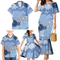 Blue Palaka Japanese Patterns Family Matching Mermaid Dress and Hawaiian Shirt Asanoha Seigaiha Sakura Motif - Polynesian Pride