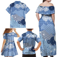 Blue Palaka Japanese Patterns Family Matching Off Shoulder Maxi Dress and Hawaiian Shirt Asanoha Seigaiha Sakura Motif - Polynesian Pride