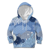Blue Palaka Japanese Patterns Kid Hoodie Asanoha Seigaiha Sakura Motif - Polynesian Pride