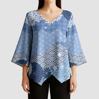 Blue Palaka Japanese Patterns Kimono Sleeve Blouse Asanoha Seigaiha Sakura Motif - Polynesian Pride