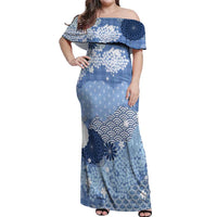 Blue Palaka Japanese Patterns Off Shoulder Maxi Dress Asanoha Seigaiha Sakura Motif - Polynesian Pride