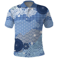 Blue Palaka Japanese Patterns Polo Shirt Asanoha Seigaiha Sakura Motif - Polynesian Pride