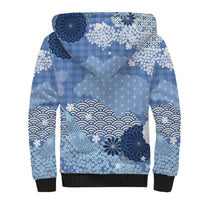 Blue Palaka Japanese Patterns Sherpa Hoodie Asanoha Seigaiha Sakura Motif - Polynesian Pride