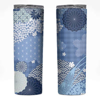 Blue Palaka Japanese Patterns Skinny Tumbler Asanoha Seigaiha Sakura Motif - Polynesian Pride