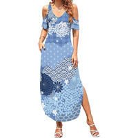 Blue Palaka Japanese Patterns Summer Maxi Dress Asanoha Seigaiha Sakura Motif - Polynesian Pride