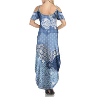 Blue Palaka Japanese Patterns Summer Maxi Dress Asanoha Seigaiha Sakura Motif - Polynesian Pride