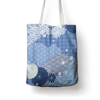 Blue Palaka Japanese Patterns Tote Bag Asanoha Seigaiha Sakura Motif - Polynesian Pride