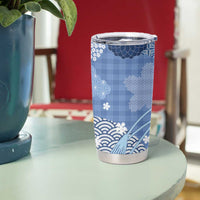 Blue Palaka Japanese Patterns Tumbler Cup Asanoha Seigaiha Sakura Motif - Polynesian Pride