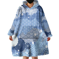 Blue Palaka Japanese Patterns Wearable Blanket Hoodie Asanoha Seigaiha Sakura Motif - Polynesian Pride