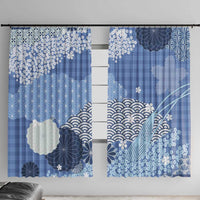 Blue Palaka Japanese Patterns Window Curtain Asanoha Seigaiha Sakura Motif - Polynesian Pride