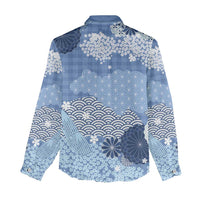 Blue Palaka Japanese Patterns Women Casual Shirt Asanoha Seigaiha Sakura Motif - Polynesian Pride