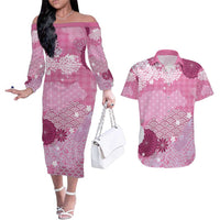 Pink Palaka Japanese Patterns Couples Matching Off The Shoulder Long Sleeve Dress and Hawaiian Shirt Asanoha Seigaiha Sakura Motif - Polynesian Pride