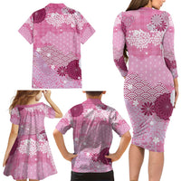 Pink Palaka Japanese Patterns Family Matching Long Sleeve Bodycon Dress and Hawaiian Shirt Asanoha Seigaiha Sakura Motif - Polynesian Pride