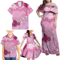 Pink Palaka Japanese Patterns Family Matching Off Shoulder Maxi Dress and Hawaiian Shirt Asanoha Seigaiha Sakura Motif - Polynesian Pride