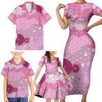 Pink Palaka Japanese Patterns Family Matching Short Sleeve Bodycon Dress and Hawaiian Shirt Asanoha Seigaiha Sakura Motif - Polynesian Pride