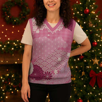 Pink Palaka Japanese Patterns Christmas Knitted V-Neck Vest Asanoha Seigaiha Sakura Motif LT14 - Polynesian Pride