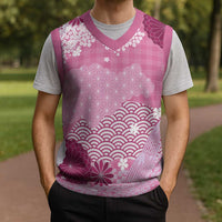 Pink Palaka Japanese Patterns Christmas Knitted V-Neck Vest Asanoha Seigaiha Sakura Motif LT14 - Polynesian Pride