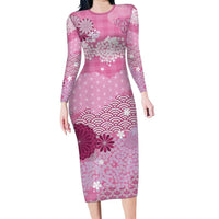 Pink Palaka Japanese Patterns Long Sleeve Bodycon Dress Asanoha Seigaiha Sakura Motif - Polynesian Pride