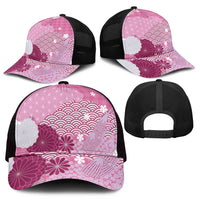 Pink Japanese Traditional Motifs Mesh Trucker Cap Palaka With Asanoha Seigaiha Sakura - Polynesian Pride
