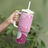 Pink Palaka Japanese Patterns Tumbler With Handle Asanoha Seigaiha Sakura Motif - Polynesian Pride