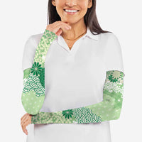 Green Palaka Japanese Patterns Arm Sleeves Asanoha Seigaiha Sakura Motif - Polynesian Pride