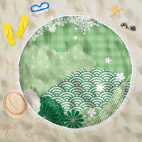 Green Palaka Japanese Patterns Beach Blanket Asanoha Seigaiha Sakura Motif - Polynesian Pride