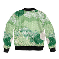 Green Palaka Japanese Patterns Bomber Jacket Asanoha Seigaiha Sakura Motif - Polynesian Pride