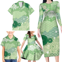 Green Palaka Japanese Patterns Family Matching Long Sleeve Bodycon Dress and Hawaiian Shirt Asanoha Seigaiha Sakura Motif - Polynesian Pride