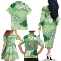 Green Palaka Japanese Patterns Family Matching Off The Shoulder Long Sleeve Dress and Hawaiian Shirt Asanoha Seigaiha Sakura Motif - Polynesian Pride