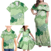 Green Palaka Japanese Patterns Family Matching Off Shoulder Maxi Dress and Hawaiian Shirt Asanoha Seigaiha Sakura Motif - Polynesian Pride