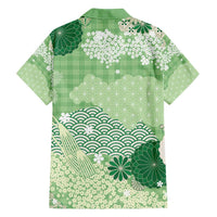 Green Palaka Japanese Patterns Family Matching Off Shoulder Short Dress and Hawaiian Shirt Asanoha Seigaiha Sakura Motif - Polynesian Pride