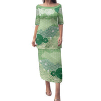 Green Palaka Japanese Patterns Family Matching Puletasi and Hawaiian Shirt Asanoha Seigaiha Sakura Motif - Polynesian Pride