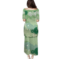 Green Palaka Japanese Patterns Family Matching Puletasi and Hawaiian Shirt Asanoha Seigaiha Sakura Motif - Polynesian Pride