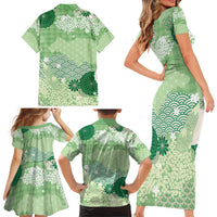 Green Palaka Japanese Patterns Family Matching Short Sleeve Bodycon Dress and Hawaiian Shirt Asanoha Seigaiha Sakura Motif - Polynesian Pride