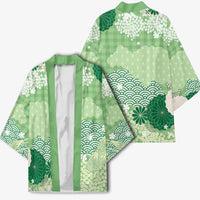 Green Palaka Japanese Patterns Kimono Asanoha Seigaiha Sakura Motif - Polynesian Pride