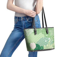 Green Palaka Japanese Patterns Leather Tote Bag Asanoha Seigaiha Sakura Motif - Polynesian Pride