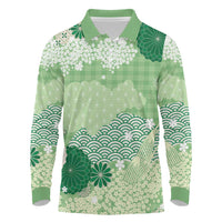 Green Palaka Japanese Patterns Long Sleeve Polo Shirt Asanoha Seigaiha Sakura Motif - Polynesian Pride