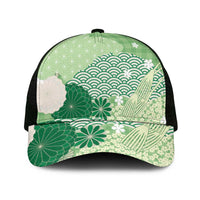 Green Japanese Traditional Motifs Mesh Trucker Cap Palaka With Asanoha Seigaiha Sakura - Polynesian Pride
