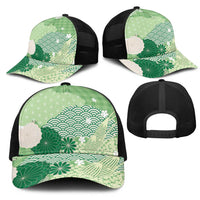 Green Japanese Traditional Motifs Mesh Trucker Cap Palaka With Asanoha Seigaiha Sakura - Polynesian Pride