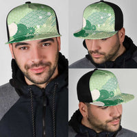 Green Japanese Traditional Motifs Mesh Trucker Cap Palaka With Asanoha Seigaiha Sakura - Polynesian Pride