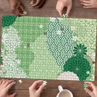 Green Palaka Japanese Patterns Puzzle Asanoha Seigaiha Sakura Motif LT14 - Polynesian Pride