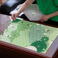 Green Palaka Japanese Patterns Puzzle Asanoha Seigaiha Sakura Motif LT14 - Polynesian Pride