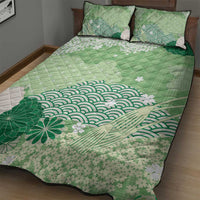 Green Palaka Japanese Patterns Quilt Bed Set Asanoha Seigaiha Sakura Motif - Polynesian Pride