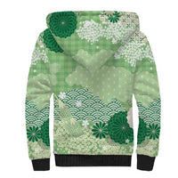Green Palaka Japanese Patterns Sherpa Hoodie Asanoha Seigaiha Sakura Motif - Polynesian Pride